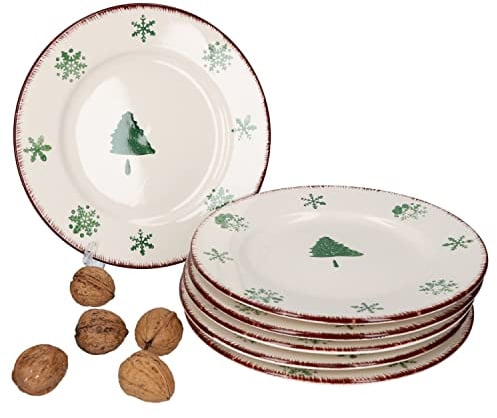 MamboCat 6er Kuchenteller-Set Schneeflocken & Tannenbaum I Weihnachten I für 6 Personen I Plätzchen, Kekse, Stollen I Christmas I X-Mas I Dessertteller flach I Porzellan I spülmaschinengeeignet