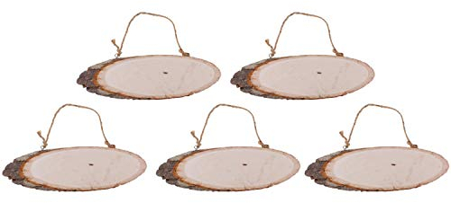 POFET 5 Stück ovale natürliche hängende Holzscheiben Baumrinde Holzstücke große Plaketten für handgemachte Namensschild Hochzeitsdekoration