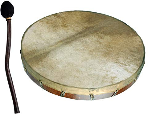 Woru Rahmentrommel, Schamanentrommel aus Teakholz, Naturfell, mit Schlegel, 50 cm Durchmesser