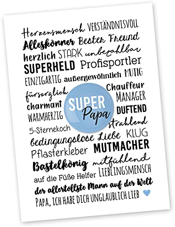 Papierdrachen Postkarte mit Button | Papa-Eigenschaften zum Verschicken und Verschenken | Design Definition Vater | 35mm Button bedruckt mit Super Papa