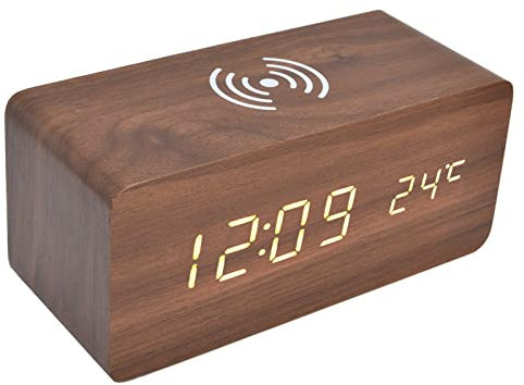 Wooden Digital Alarm Clock, Radio Alarm Clocks 12/24 Hours LED Electronic Clock with Fast Wireless Charger Station, Automatic Temperature Detection Wood LED Digital Clock for(6.3 x 2.8 x 2.7in-red)
