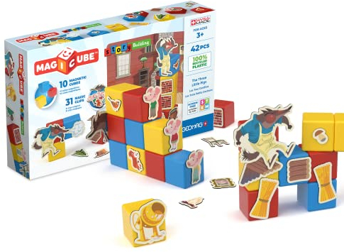 Geomag, Magicube Story Building Three Little Pigs, Magnetische Spiele für Kinder ab 3 Jahren, Magnetisches Theater, 42-teilige Packung, 100% Recycling-Kunststoff