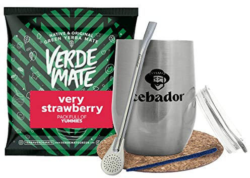 Verde mate Yerba Mate Set avec TermoLid Gourd Cebador Argent + Bombilla + Accessoires Vert Échantillon de Fraise 50 g | Yerba Mate, fraise, citronnelle, pétales de rose