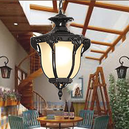Chao Zan Outdoor Hanging Lantern, Rustic Waterproof IP55 Pendant Lighting Fixture in Painted Black Metal with Glass, Exterior Hanging Light for Porch, Exterior, Entryway (Black)-A