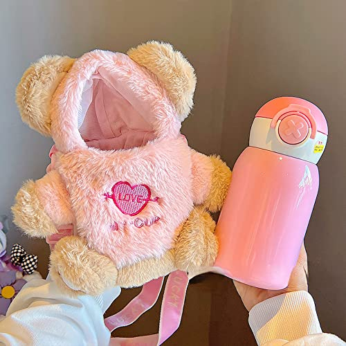 Kawaii Borraccia con cappuccio e tracolla rimovibile e caldo, con cappuccio e orsetto peloso, con simpatico thermos da viaggio, in acciaio inox estetico, con cannuccia (rosa, 500 ml)