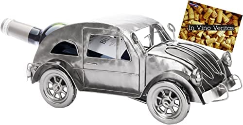 BRUBAKER Weinflaschenhalter Oldtimer - Metall Flaschenhalter Nostalgisches Auto - 32 cm Weinflaschen Dekoration - Deko Objekt Flaschenständer mit Grußkarte - Wein Geschenk für Frauen und Männer