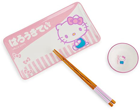 Sanrio Hello Kitty - Juego de 3 platos de cerámica para sushi con cuenco de salsa de soja y palillos de madera, vajilla de estilo japonés