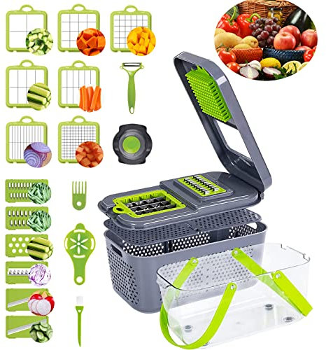 SHANNA Vegetable Chopper, 22 in 1 Multifunctional Food Chopper with 13 Blades, Pro Onion Mincer Chopper, Kitchen Veggie Slicer Dicer Cutter, Carrot Garlic Potato Salad Chopper with Container Handle