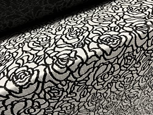Doppelter Jersey-Strickstoff, Meterware, Rose Line Art Jacquard, Schwarz / Weiß