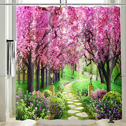 Vgzsyomqib Japonais Rideau Douche Anti Moisissure Motif Vert Forêt Floral Rideau de Douche 180x200 Tissu Imperméable Imprimé Arbre Japon Fleur Rose Rideaux Qualité Polyester Lavable avec Anneaux
