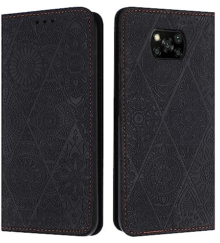 QIWEIQING Funda Compatible con Xiaomi Poco X3 NFC, Cuero Estampado Magnetic Acollador Antihuellas Carcasa Vuelta Tapa Ranura Tarjeta Protección Cubierta para Xiaomi Poco X3. Negro XCF