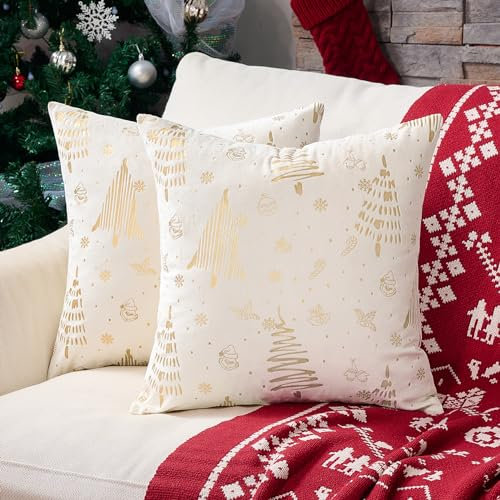 Topfinel Kissenbezug Weihnachten 40x40 Samt Creme 2er Set Kissenbezüge Kissenhülle Deko für Dekokissen Sofakissen Couchkissen Weihnachtsdeko Geschenk Wohnzimmer Schlafzimmer