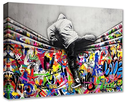 Banksy Street Art Decor Graffiti Männer Gemälde für Schlafzimmer hinter dem Vorhang Bilder nordische Kunstwerke 1 Stück Leinwand Wandkunst Moderne Wohnkultur gerahmt fertig zum Aufhängen Poster Drucke