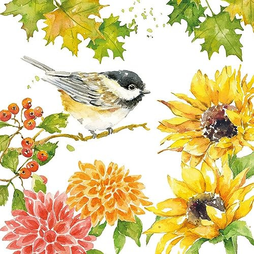 20 Servietten Herbst Vogel an Sonnenblumen und Dahlien als Tischdeko. Papierservietten mit Motiv. Auch für Decoupage und Serviettentechnik 33x33cm