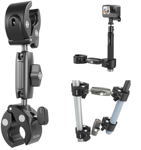TELESIN Starkes Aluminium 9 mm bis 38 mm Klemmbereich Doppelkrabbe Klaue 360-Grad-Kamera-Klemmhalterung für GoPro, Insta360, DJI und andere Action-Kameras