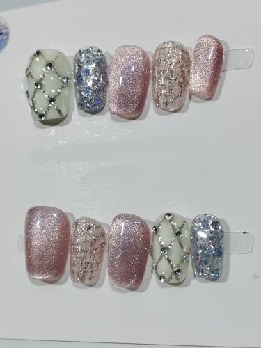 Handgefertigter Nagel mit Maniküre-Nagelaufkleber, tragender Nagel mit Feen-Katzenauge, falscher Nagel, wiederverwendbare Nagelverschönerung (Size : M)