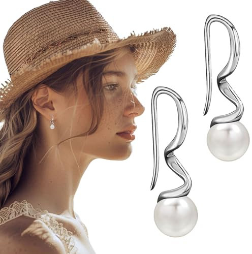Geschenke zum Muttertag für Sie, WGXIA Perlen Creolen für Damen 925 Sterling Silber Minimalistische Perlenohrstecker Elegante Perlenohrringe, Schmuck Geschenke Für Frauen Mädchen (Perle-Silber)