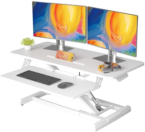 JOY worker Stehtisch-Konverter, 88,9 cm breit, höhenverstellbar, Sitz-/Stehpult-Erhöhung mit Tastaturablage, Desktop-Arbeitsplatzerhöhung für Heimbüro, Computer, Laptop, Spanplatte, Weiß
