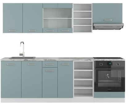 Vicco Küchenzeile R-Line, Blau-Grau/Weiß, 240 cm, AP Eiche
