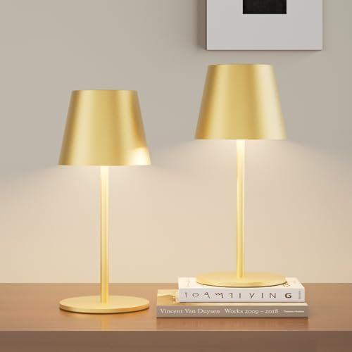 lundwa Dimmbare led akku tischleuchte Gold 26CM, 5000mAh camping lampe akku aufladbar,3W 3000K tischleuchte kabellos, IP54 Outdoor Tischlampe für Restaurant, Schlafzimmer, Bar (2 Stück)