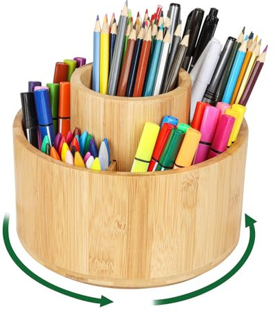 Cinnani Schreibtisch Organizer aus Bambus, 360° Drehbar Stiftehalter Holz, Große Kapazität Stifthalter Kinder, Stifte Organizer mit 9 Große Fächer, für Büro, Schule, Kunstatelie, Zuhause (Holz Farbe)