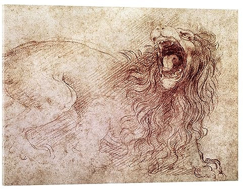 Posterlounge Esquisse d'un lion rugissant Tableau en verre acrylique de Leonardo da Vinci 18 x 13 cm Beige Tableaux Décoration murale