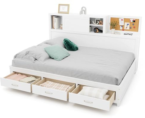 Multigot 3FT/4FT6 Day Bed Frame with Side Cabinet, Single/Double Size Wooden Slat Support Sofa Bed with 3 Drawers, Modern Mattress Foundation Guest Bed Base, No Box Spring Needed (191 x 136 cm)