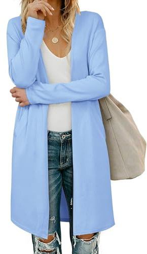 OUGES Strickjacken füR Damen Lang Cardigan Elegante Leicht Strickjacke Herbst Strickjackenpullover mit Taschen Blau XXL