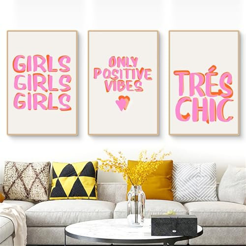 Ueiwffzo 3er Rosa Poster Set, Ästhetische Rosa Inspirierende Zitate Leinwand Bilder, Bilder Kinderzimmer, Rosa Wandbilder Schlafsaal Teen Mädchen Zimmer Deko (A,30x40cm)