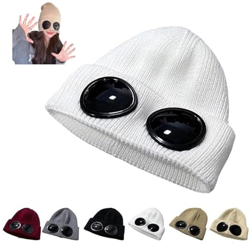 BQWXIEC Unisex Beanie-Mütze in Volltonfarbe mit Schutzbrillen-Design, Beanie-Wintermütze mit Schutzbrille, Schutzbrillenmütze, Herren-Wintermütze aus Wolle (White,one Size)