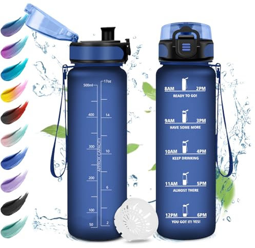 KollyKolla Botella Agua 500ml, Botella Agua Motivadora y Prueba de Fugas, Reutilizable, Fácil de Limpiar, con Marcador de Tiempo, para Niños, Adulto, Gimnasio, Bicicleta, Escuela, Oficina, Yoga