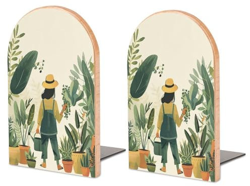 Plants and Pots Book Ends Wood Bookends Book Ends for Shelves Book Stopper Decorative Bookends Office Desk Bookends Heavy Duty Bookend Non-Slip Bookends(Beech 1 Pair)