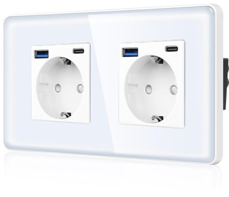 CNBINGO Enchufe doble con 4 puertos USB (máx. 2,1 A, tipo C y USB-A) – Doble enchufe Schuko empotrado con placa de cristal curvado 2,5D – Enchufe de pared con seguridad para niños – 2 enchufes blanco