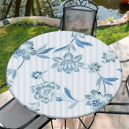 Outdoor Runde Tischdecke mit Gummizug Ø 60(150cm) - Elastisch Garten tischdecke mit Blau gestreifte Blumen Muster Passend für 135-145cm breite Tische