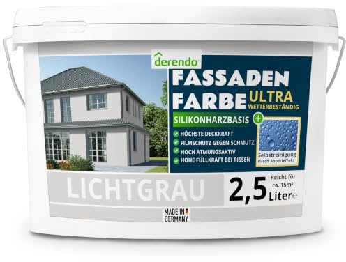derendo Fassadenfarbe Grau ULTRA Silikonharzfarbe Lichtgrau aussen 2,5l | Für Putz Beton, Abperleffekt, wasserabweisend, UV-beständig, hohe Deckkraft, rissfüllend, diffusionsoffen, Made in Germany,