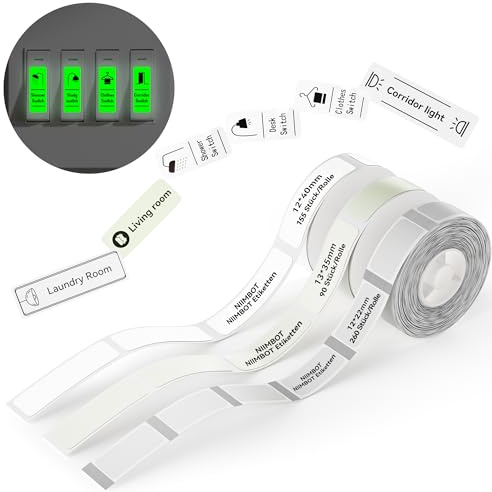 NIIMBOT Etiketten für Schalter, Kompatibel mit dem D110 D11 D101 H1S, 3-Rollen-Pack, 12 x 40 mm – 155 Stück Weiß, 12 x 22 mm – 260 Stück Transparent, 13 x 35 mm – 90 Stück Leuchtend