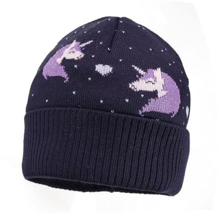 maximo MINI Girl-Mütze, Umschlag Jacquard Einhorn, Jerseyfutter