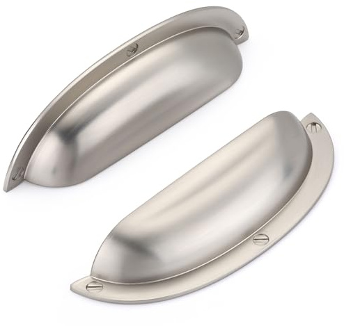 SYZOW 6 Pack Shell Cup Handles, Vintage Drawer Pull Handles, Semi Circle Retro Solid 64mm Hole Center Cabinet Handles for Drawer,Cupboard, Dresser (6, Brushed Nickel, Hole Center 96mm)