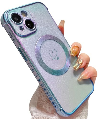 ZTOFERA Magnetic Heart Case for iPhone 15 Plus, Iridescent Sierra Blue | 6.7-Inch, [Compatible with MagSafe], Cute Love Heart Pattern, Flexible Soft Silicone, Protective Shockproof Bumper Cover