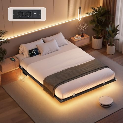 VASAGLE Lit Flottant 140 x 190 cm, avec Lumières LED, Station de Charge Amovible, 2 Prises CA, 1 Port Type-C, 1 Port USB-A, 1 Port USB-A à l’Arrière, Supporte Jusqu'à 500 kg, Noir d'encre RMB173B101