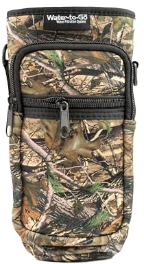 WATER TO GO Insulated Neoprene Filter Bottle Carrier with Strap, Camo | Insulated neoprene sleeve protects & cools your bottle. Fits Water-to-Go filter bottles, with carry strap for travel & gym.