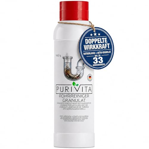 PURIVITA® Rohrreiniger Granulat Abflussreiniger Extra Stark, 1000 g | Rohrfrei gegen Haare, Fett & Verstopfung – für Küche, Bad, Dusche & WC, Drain Cleaner Abflussfrei mit 2-in-1 Geruchsstopp