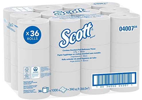 Scott Essential, 4007, kernlose Standard-Toilettenpapierrollen, 2-lagig, weiß, 36 Packungen x 1.000 Blatt