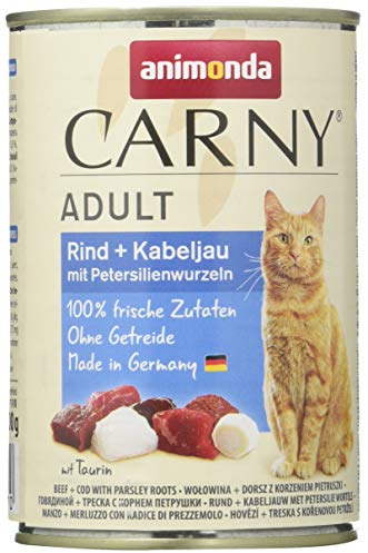 Carny Katzen Nassfutter Rind + Kabeljau mit Petersilienwurzeln (6 x 400g), Katzen Nassfutter von animonda ohne Getreide und Zucker, mit frischen fleischlichen Zutaten