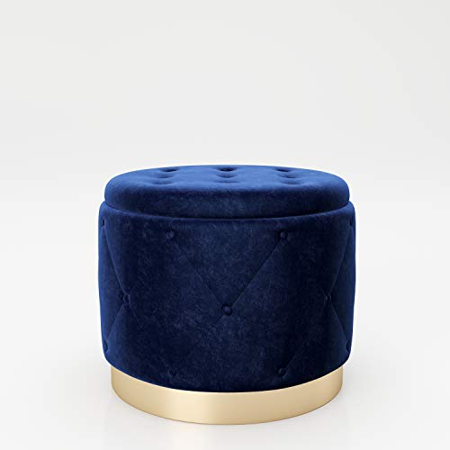 PLAYBOY Pouf mit Stauraum, goldenem Metallfuss, Samtbezug mit Chesterfield-Optik in Blau, Sitzbox mit abnehmbaren Deckel, Ottoman, Fussablage, Retro-Design, Club-Stil, Dunkel Blau, Samt, Stoff