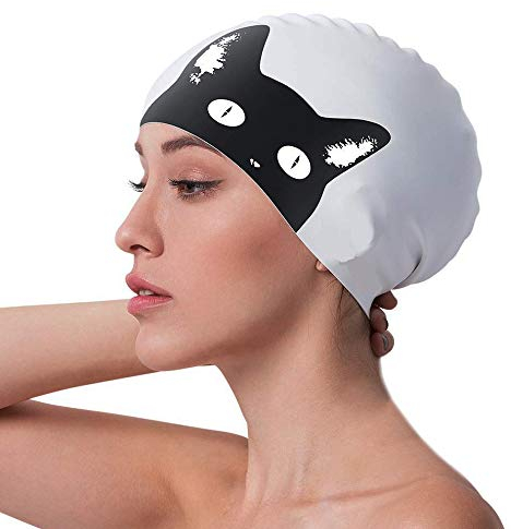 iwobi Cuffie da Nuoto in Silicone Impermeabile,Cuffia da Nuoto per Uomo/Donna,Bianca e Motivo a Gatto