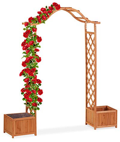 Relaxdays Jardinière pergola, Treillis Plante grimpante Bois 2 bacs à Fleurs, 209 x 181 x 60 cm, Orange