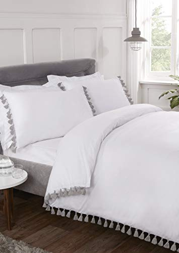 Rapport Tassel Duvet Cover Bed Set, White, Double, TASSEL-DOUB-WHIT