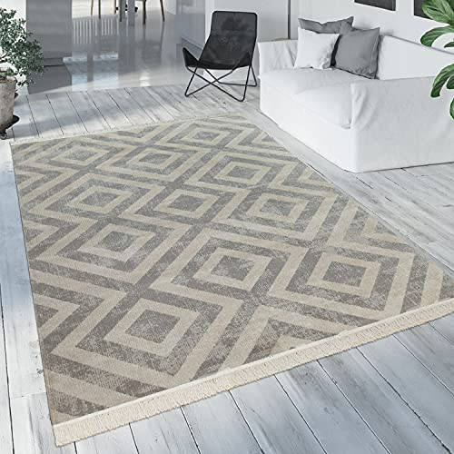 Paco Home Moderner Outdoor Teppich Geometrisches Rauten-Muster im Vintage-Look Flachgewebe Wetterfest & Pflegeleicht für Garten, Terrasse & Balkon, Grau Weiß, Grösse:160x220 cm