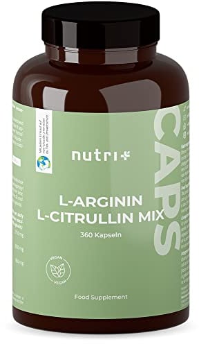 Nutri + Arginin Citrullin Kapseln - 360 Caps hochdosiert + vegan - 3000 mg L-Citrullin Malat + L-Arginin Base - Premiumqualität ohne + Zusätze
